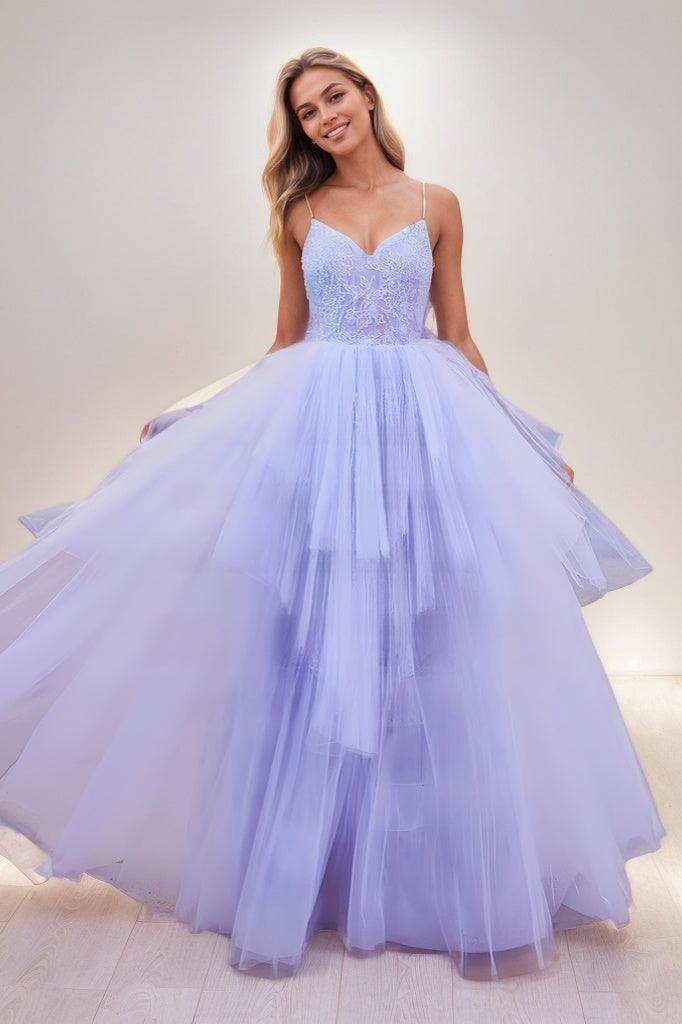 V Neck Spaghetti Straps Lace A Line Floor Length Tulle Prom Dresses CS0814 - COCOMELODY